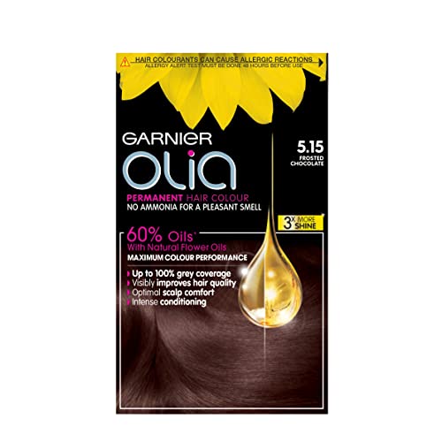 Garnier Olia Chocolate Brown Hair Dye Permanent, Up to 100% Grey Hair Coverage, No Ammonia for a Pleasant Scent, 60% Oils - 5.15 Frosted Chocolate Brown