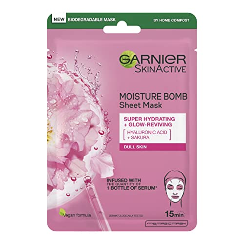 Garnier Moisture Bomb Sakura and Hyaluronic Acid Sheet Mask, Hydrating & Glow Reviving Face Mask, For Dull Skin, Biodegradable and Vegan Tissue, 28g