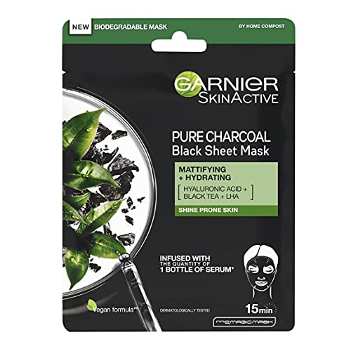 Garnier Charcoal and Black Tea Tissue Mask, Purifying and Hydrating Tissue Face Sheet Mask Shine Prone Skin 28 g