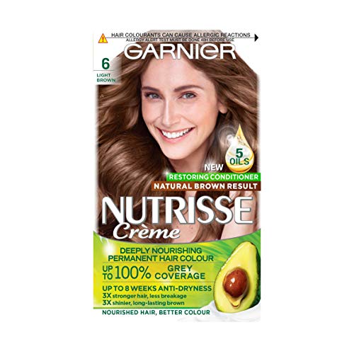 Garnier Nutrisse Permanent Hair Dye, Natural-looking, hair colour result, For All Hair Types, 6 Light Brown