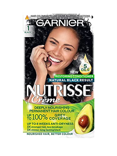 Garnier Nutrisse Permanent Hair Dye, Natural-looking, hair colour result, For All Hair Types, 1 Black